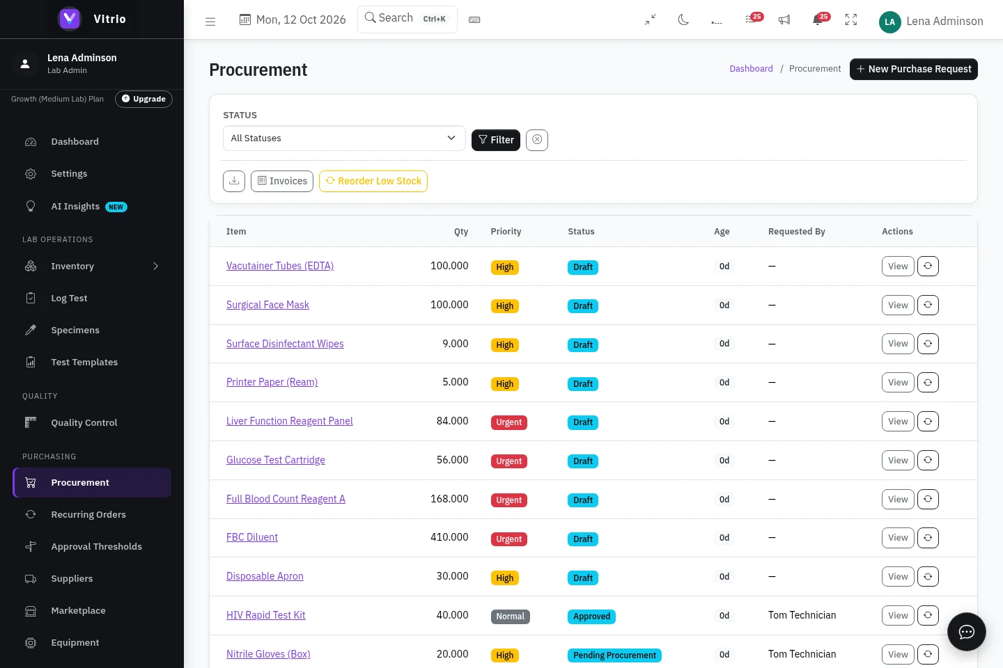 Actual Vitrio procurement workspace displaying demonstration purchasing records