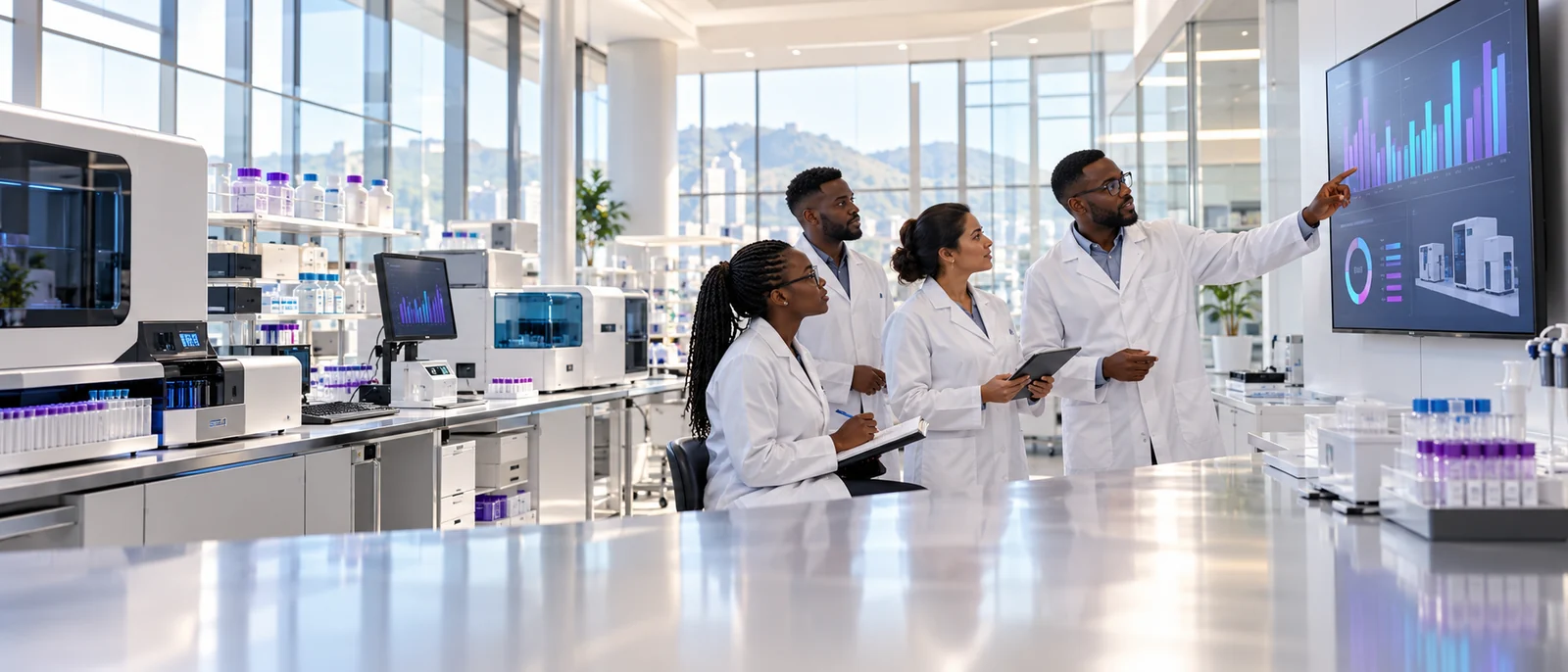 Illustrative laboratory team reviewing stock and usage charts beside reagent analysers